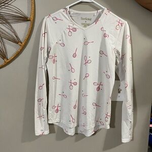 SanSoleil White and Pink Tennis Print Top